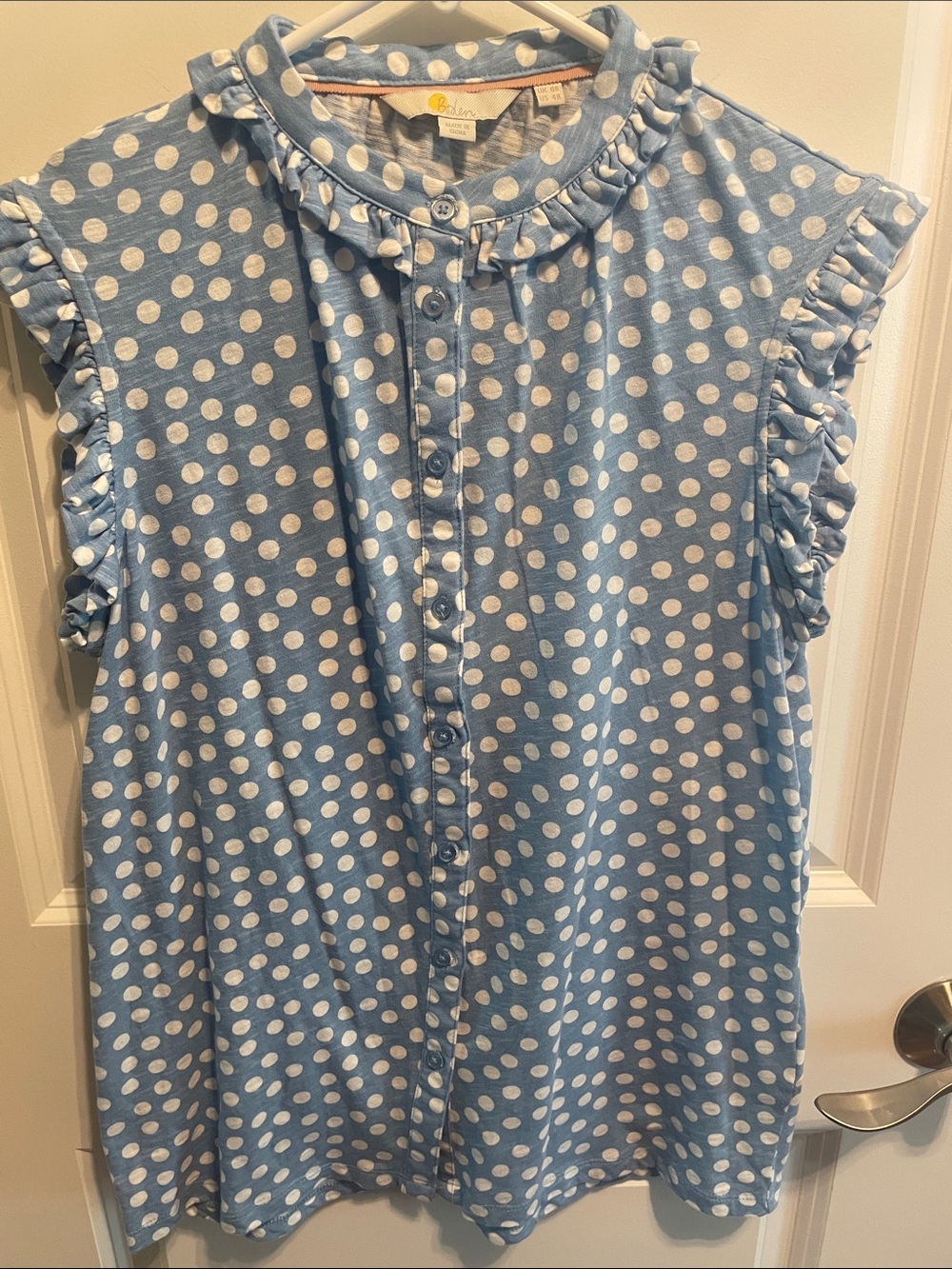 Boden Blue and White Polka Dot Ruffle Sleeveless Blouse